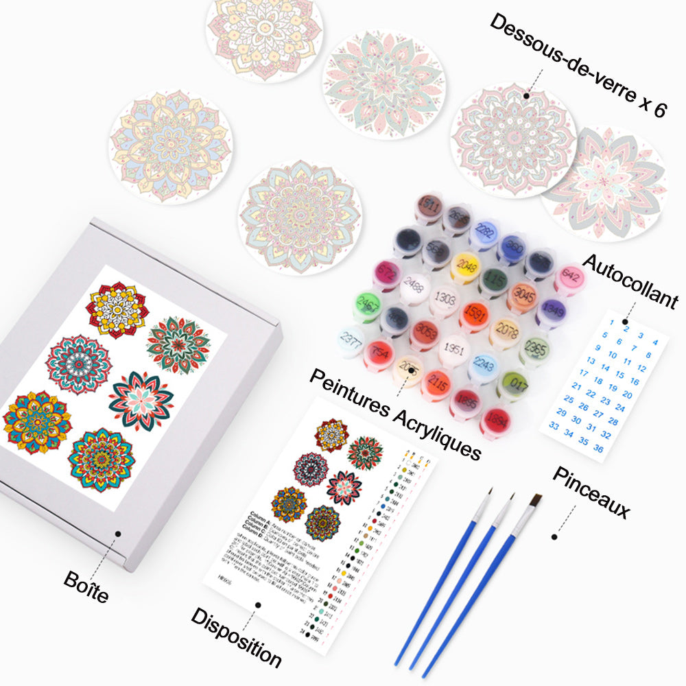 6 Pièces Dessous-de-verre Mandala en Forme de Lotus Peinture par Numéros