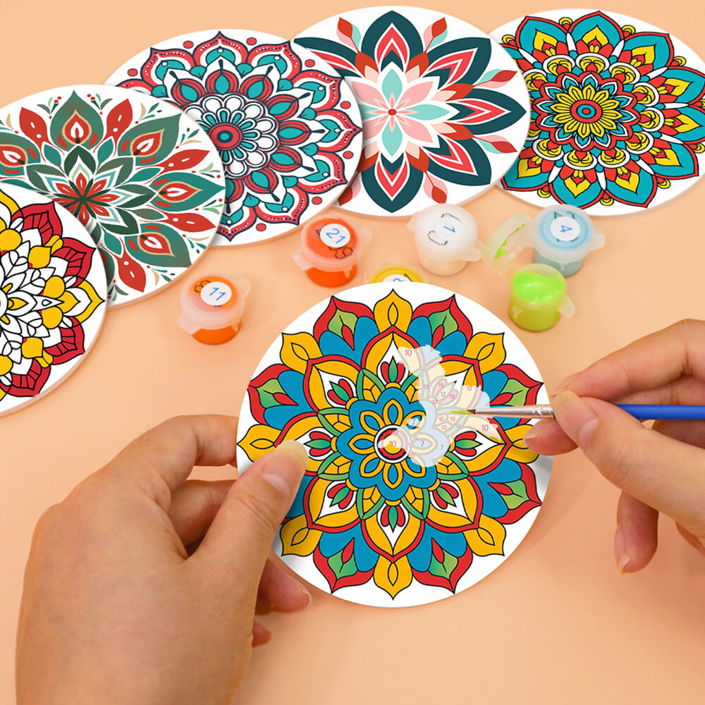 6 Pièces Dessous-de-verre Mandala en Forme de Lotus Peinture par Numéros
