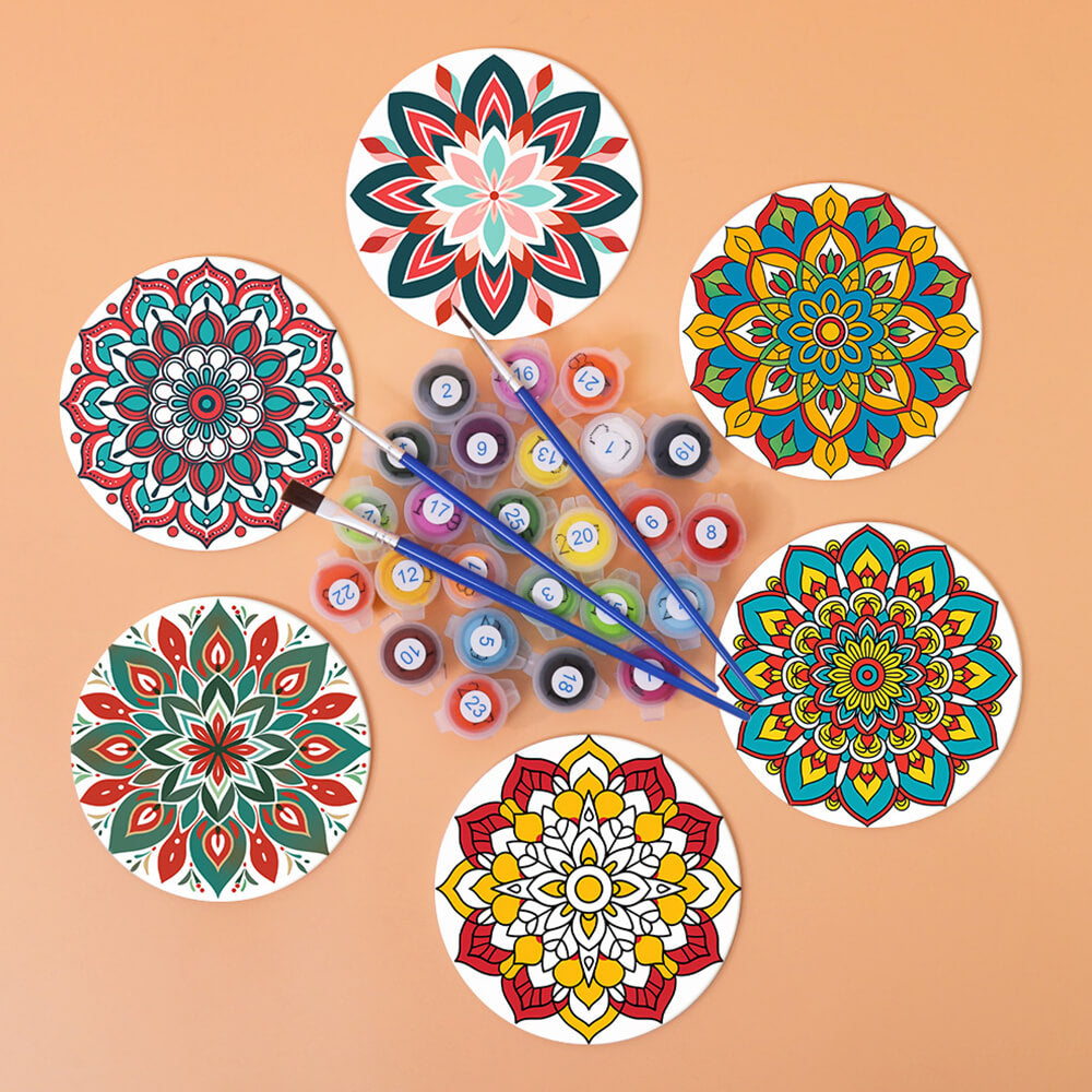 6 Pièces Dessous-de-verre Mandala en Forme de Lotus Peinture par Numéros