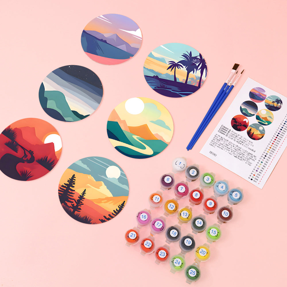 6 Pièces Dessous-de-verre Montagne au Lever du Soleil Peinture par Numéros