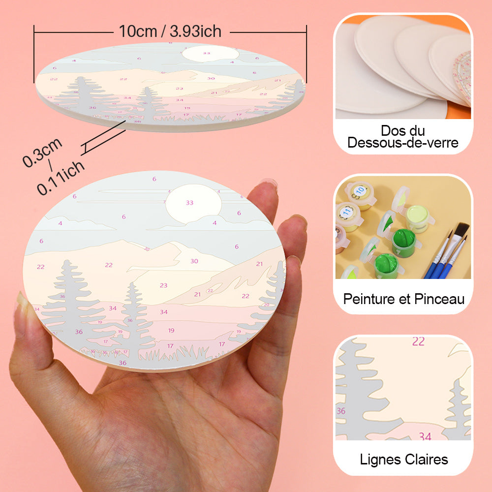 6 Pièces Dessous-de-verre Montagne au Lever du Soleil Peinture par Numéros