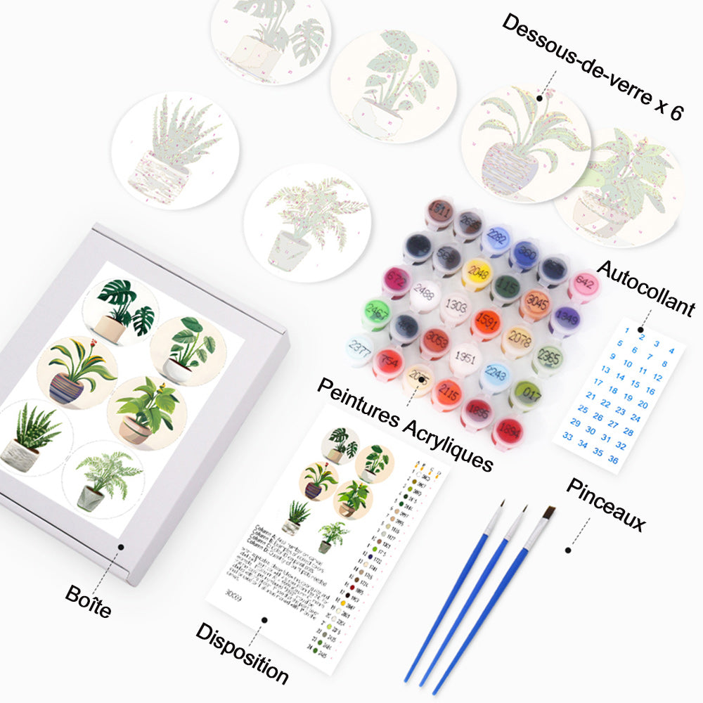 6 Pièces Dessous-de-verre Plantes Tropicales en Pot Peinture par Numéros