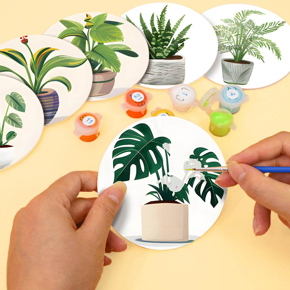 6 Pièces Dessous-de-verre Plantes Tropicales en Pot Peinture par Numéros