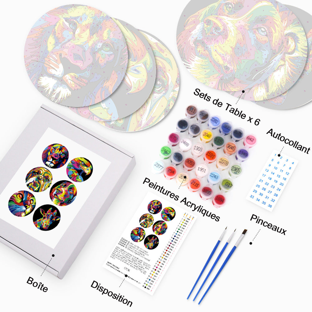 6 Pièces Sets de Table Animaux Colorés Peinture par Numéros