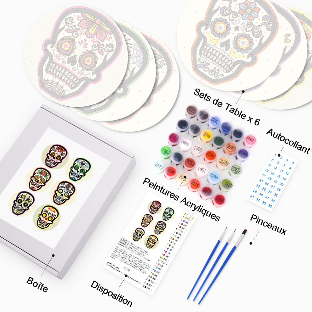 6 Pièces Sets de Table Crâne Fleuri Peinture par Numéros