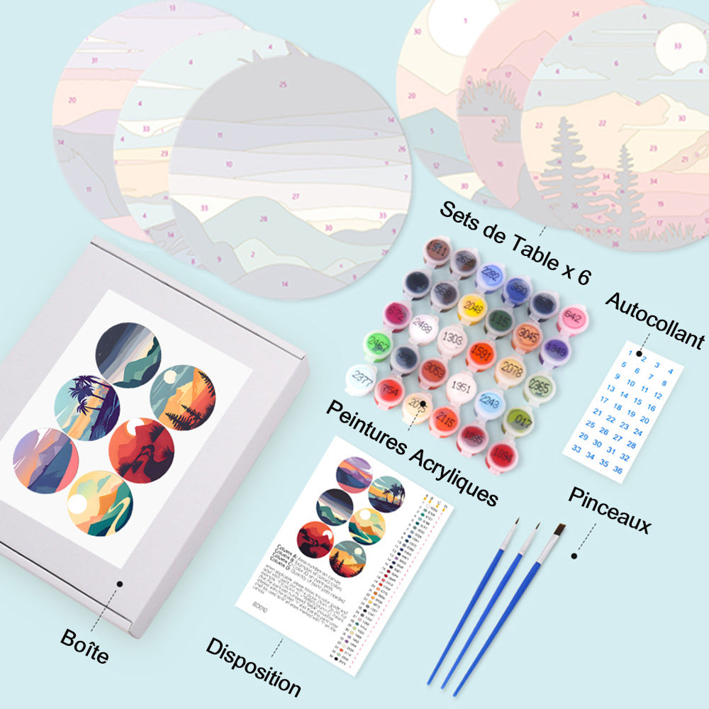 6 Pièces Sets de Table Montagnes au Coucher de Soleil Peinture par Numéros