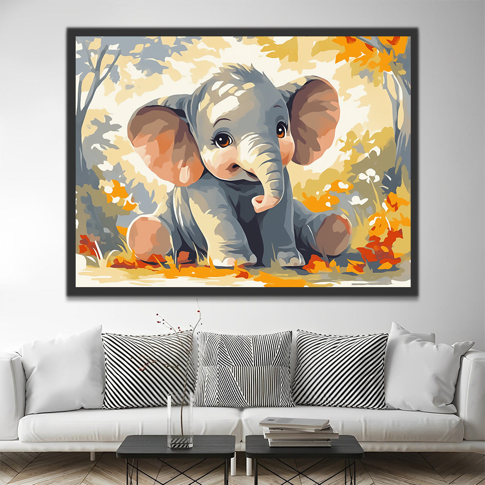 Adorable Bébé Éléphant dans la Forêt Peinture par Numéros