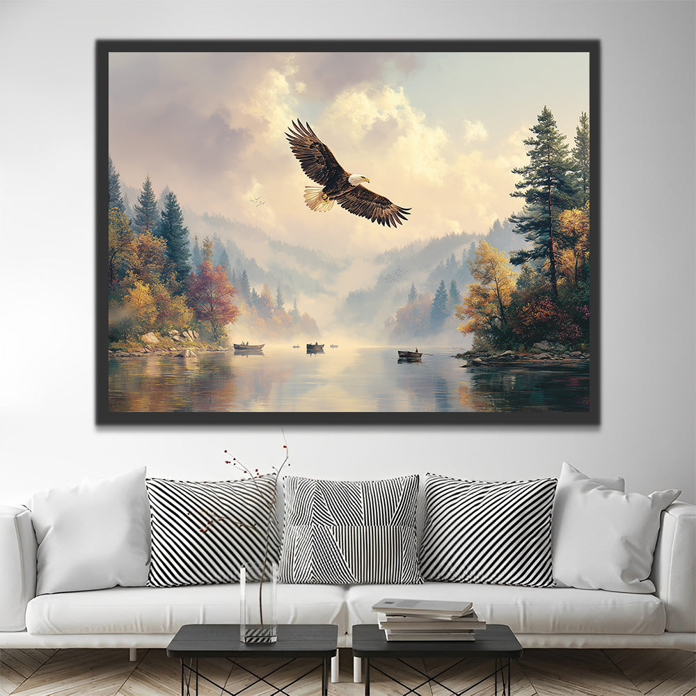 Aigle Volant au-dessus du Lac en Automne Peinture par Numéros