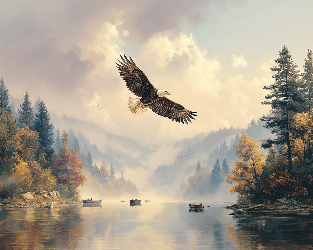 Aigle Volant au-dessus du Lac en Automne Peinture par Numéros