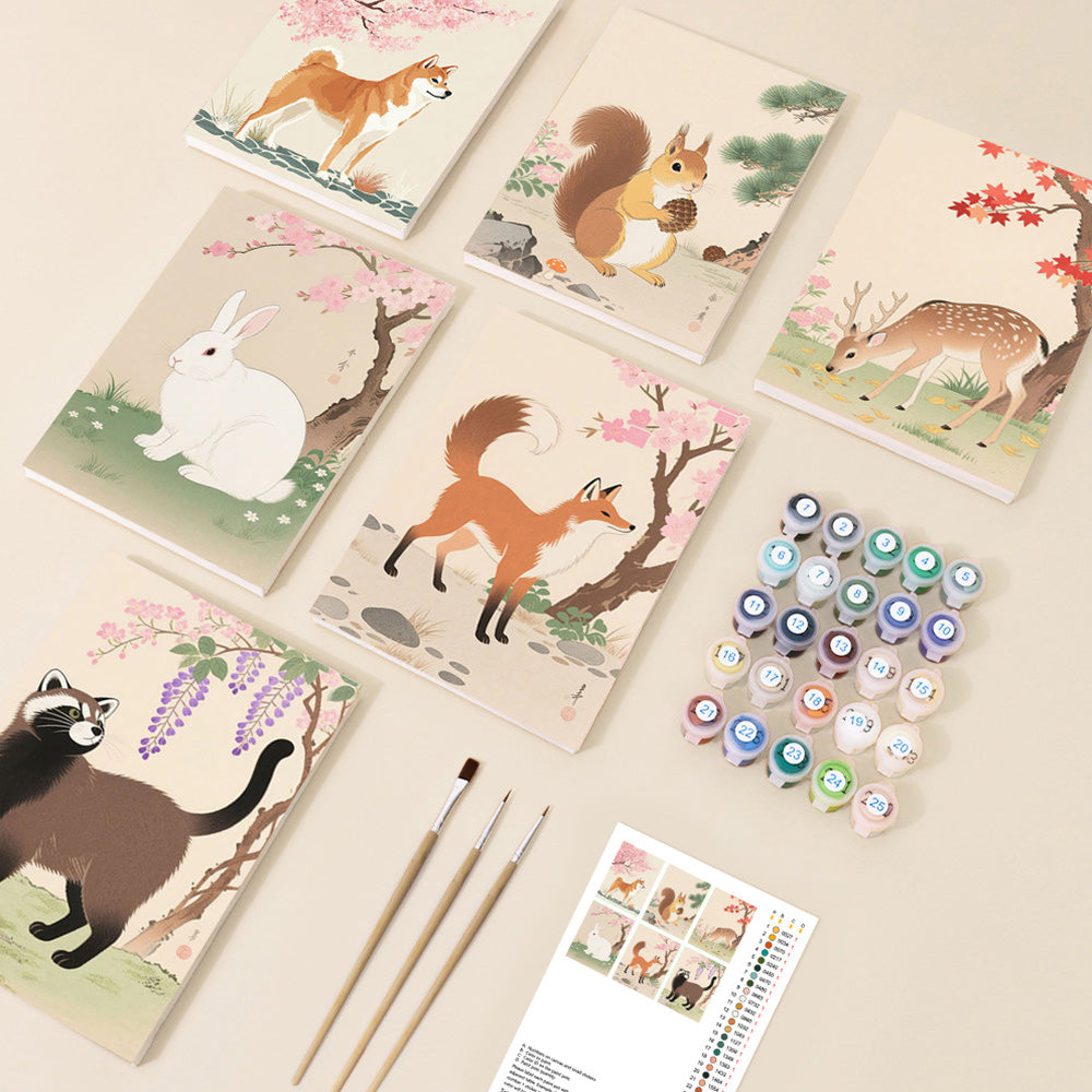 Animaux sous les Arbres en Fleurs 6 Mini Peintures par Numéros