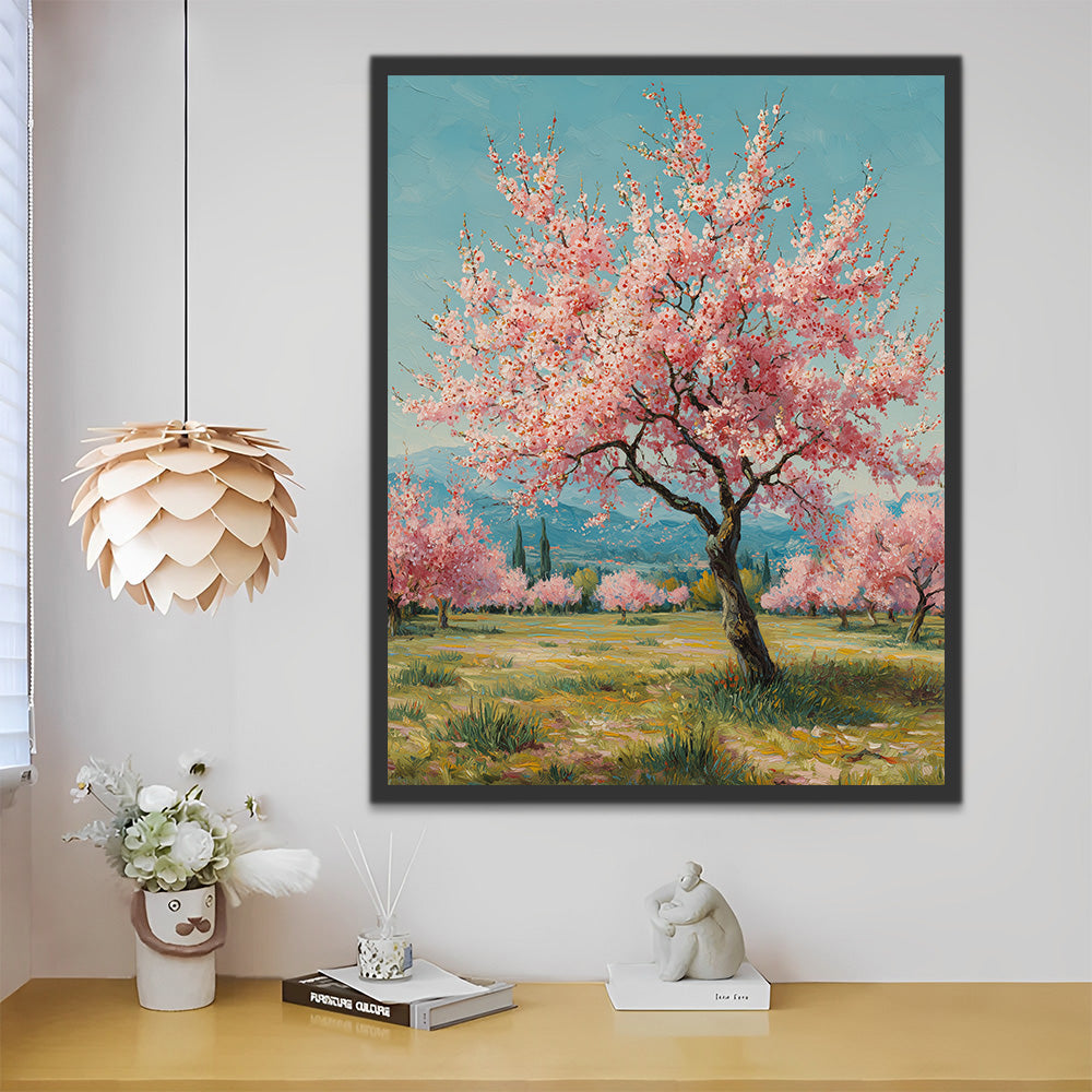 Arbre à Fleurs Roses dans le Champ Peinture par Numéros