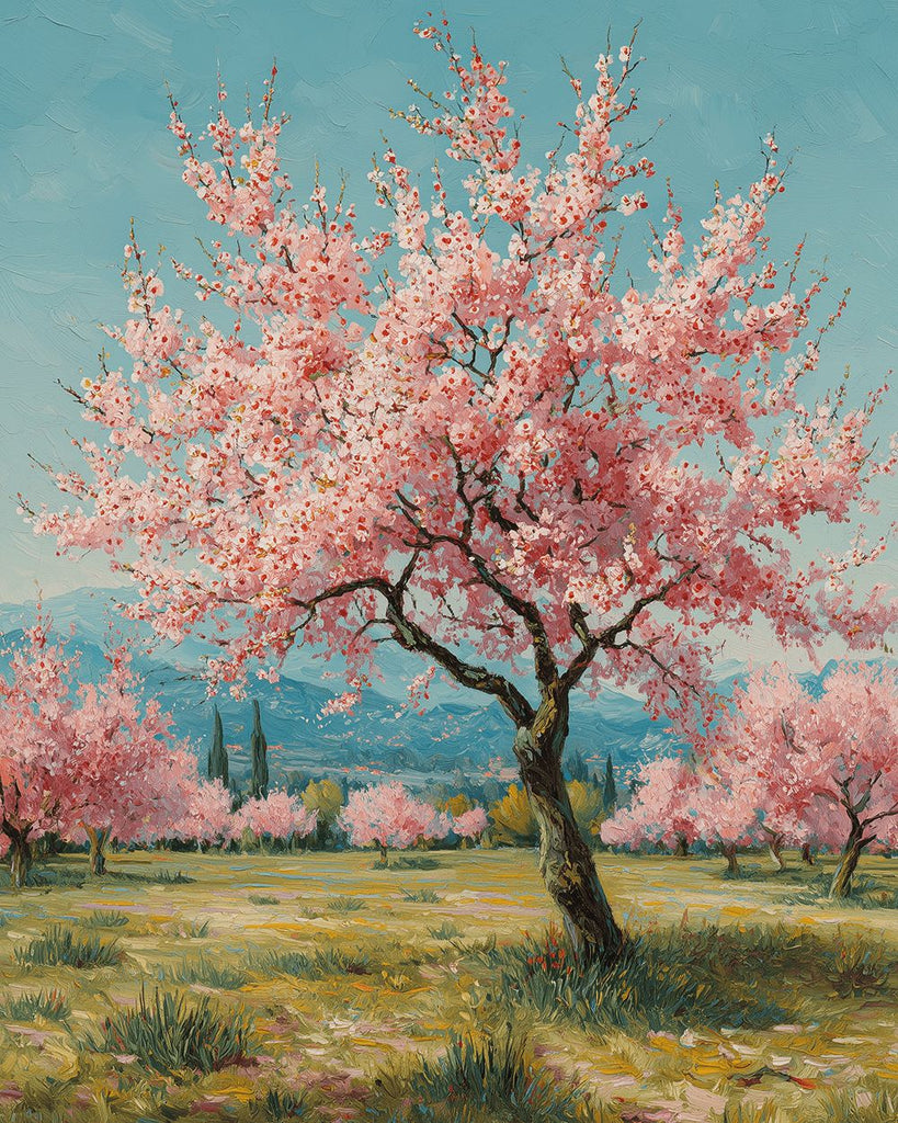 Arbre à Fleurs Roses dans le Champ Peinture par Numéros