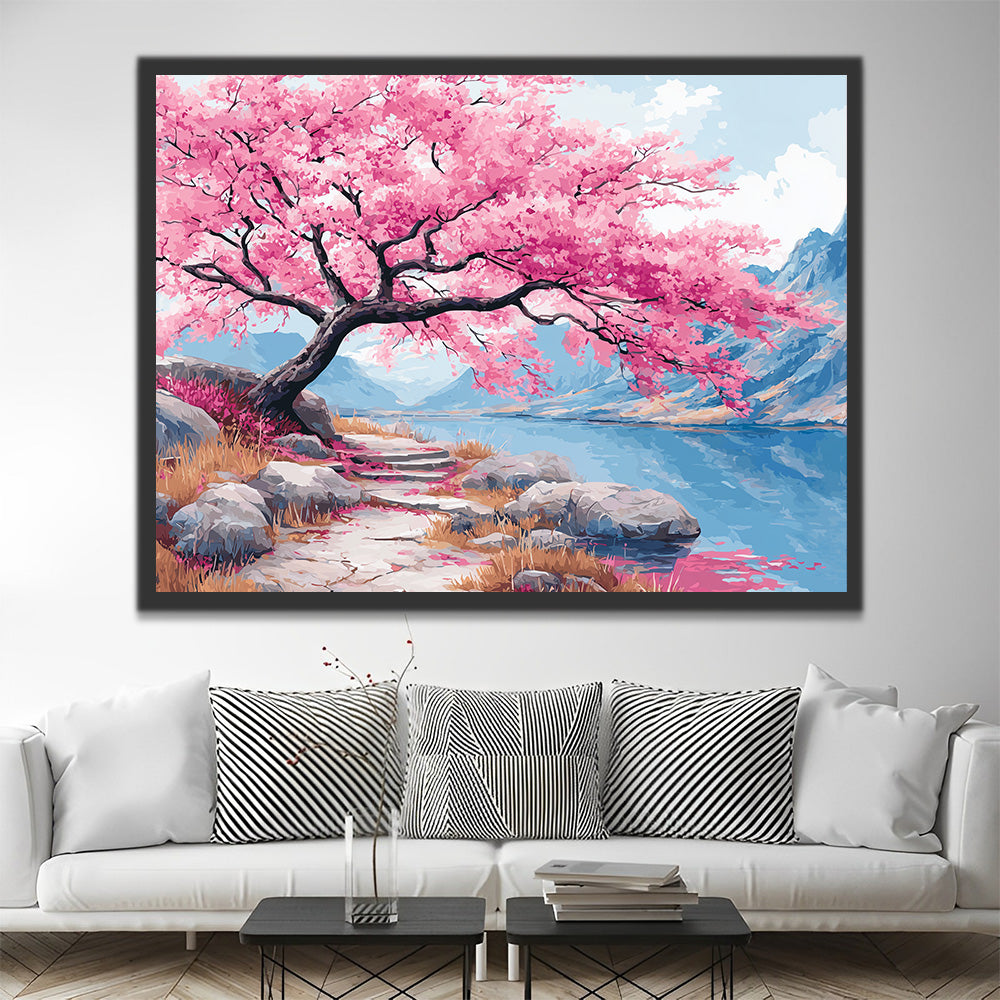 Arbre à Fleurs Roses près de la Rivière dans les Montagnes Peinture par Numéros