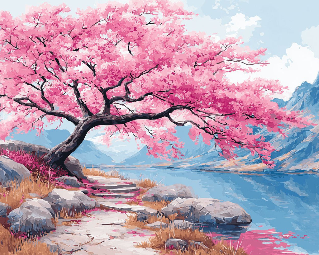 Arbre à Fleurs Roses près de la Rivière dans les Montagnes Peinture par Numéros