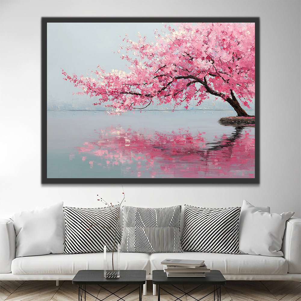 Arbre aux Fleurs de Pêcher Rose dans le Lac Peinture par Numéros