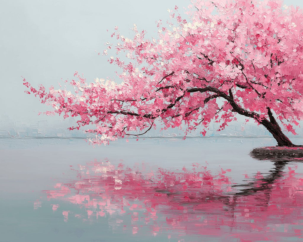Arbre aux Fleurs de Pêcher Rose dans le Lac Peinture par Numéros