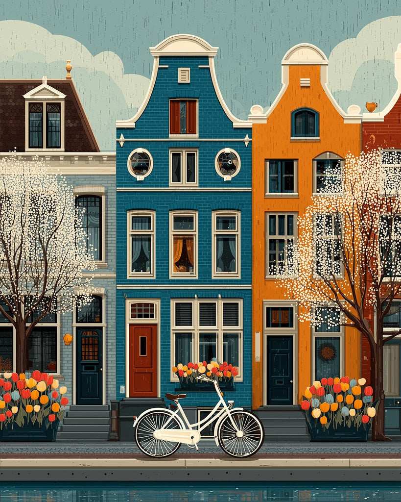 Arbre Blanc et Vélo devant un Bâtiment Coloré Peinture par Numéros