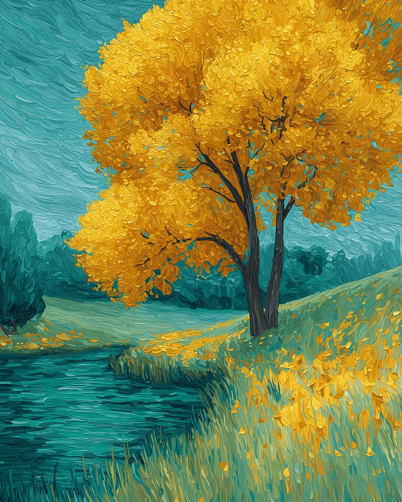 Arbre Doré au Bord d’une Rivière Sauvage Peinture par Numéros