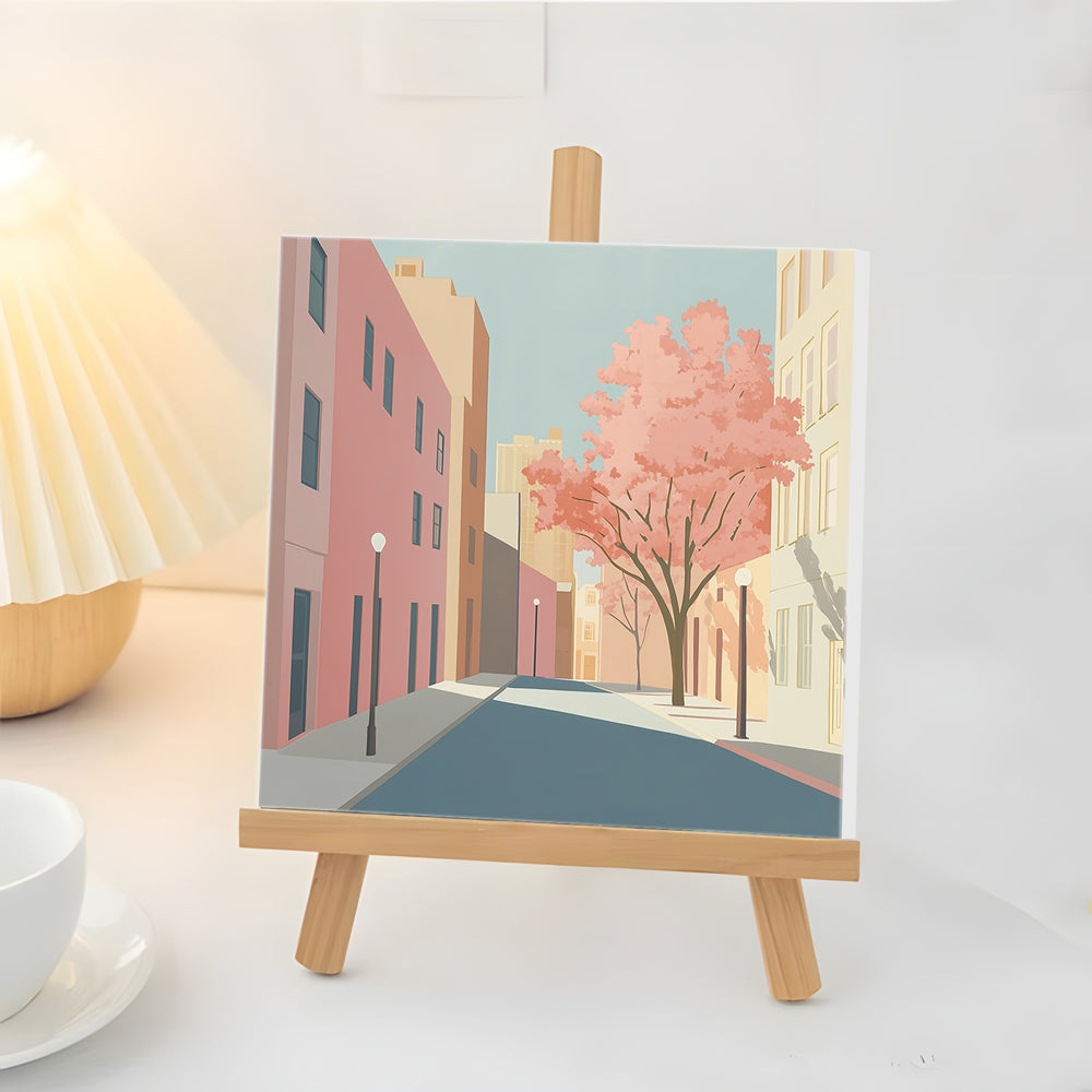 Arbre Rose Dans la Ville Mini Peinture par Numéros