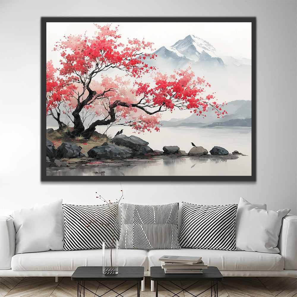 Arbre Rose dans un Paysage à l'Encre Peinture par Numéros