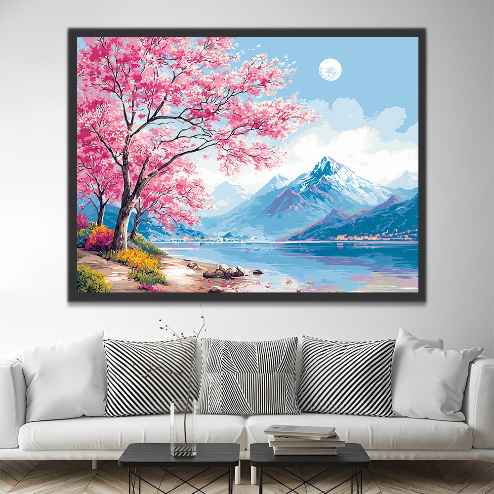Arbres à Fleurs Roses à Côté des Montagnes Peinture par Numéros