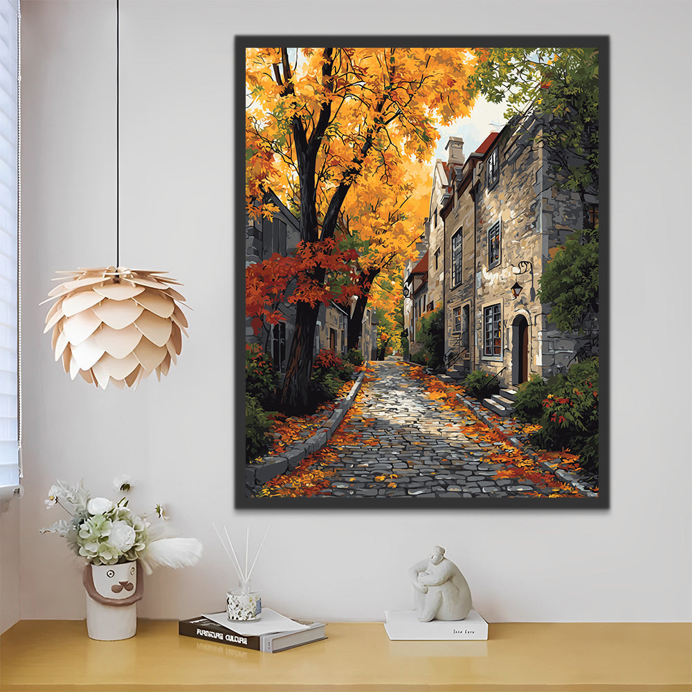 Arbres d’Automne et Maisons en Ville Peinture par Numéros