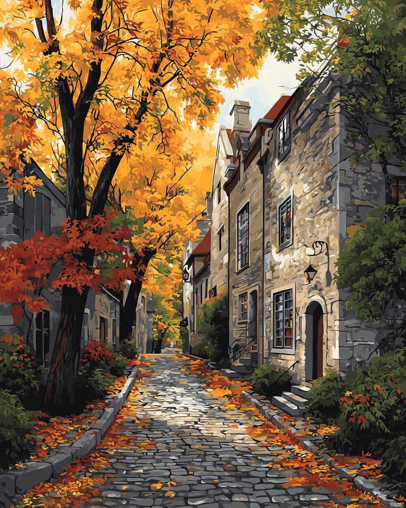 Arbres d’Automne et Maisons en Ville Peinture par Numéros