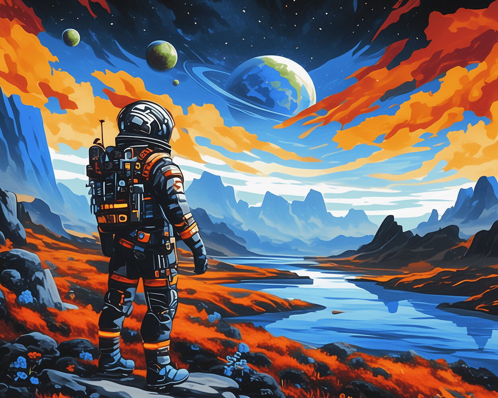 Astronaute, Montagnes et Planète Peinture par Numéros
