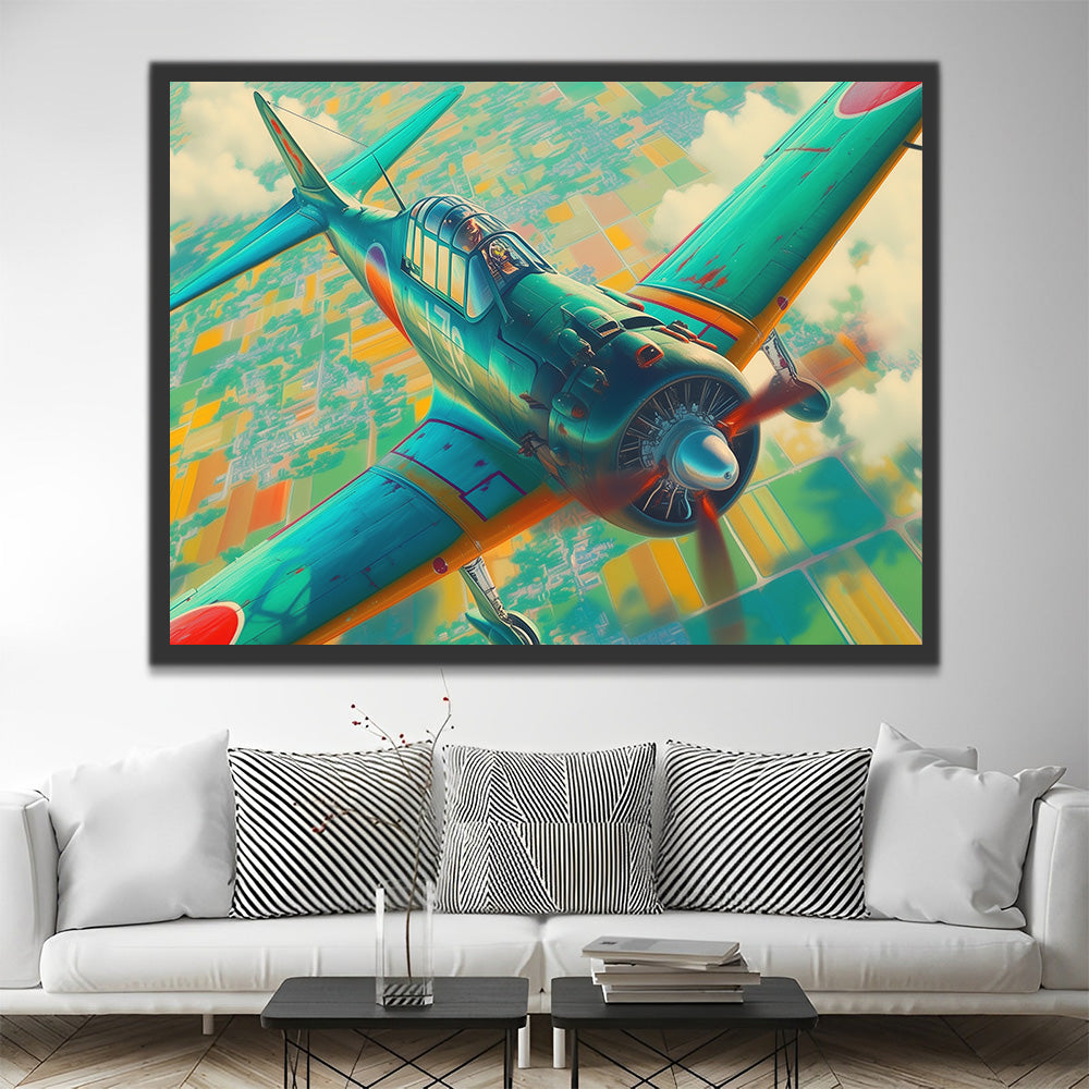 Avion de Chasse Vert au-dessus du Champ Peinture par Numéros