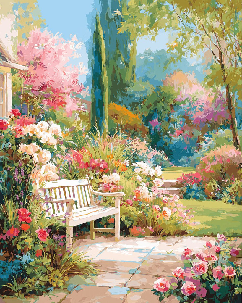 Banc en Bois Blanc dans le Jardin Peinture par Numéros
