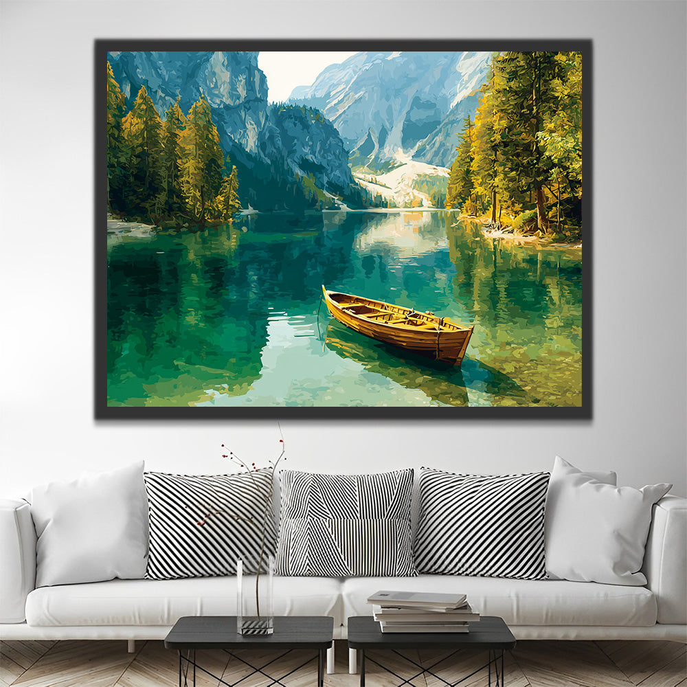 Bateau sur le Lac dans les Montagnes Peinture par Numéros