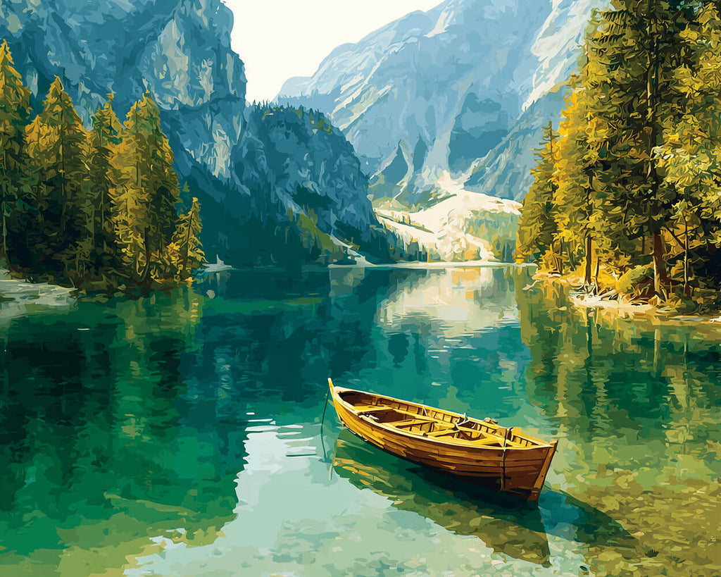 Bateau sur le Lac dans les Montagnes Peinture par Numéros