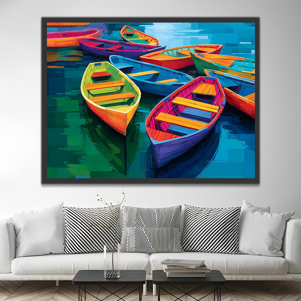 Bateaux en Bois Colorés sur le Lac Peinture par Numéros