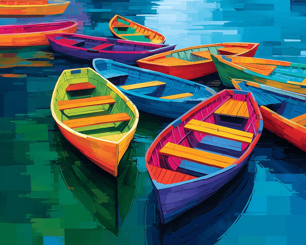 Bateaux en Bois Colorés sur le Lac Peinture par Numéros