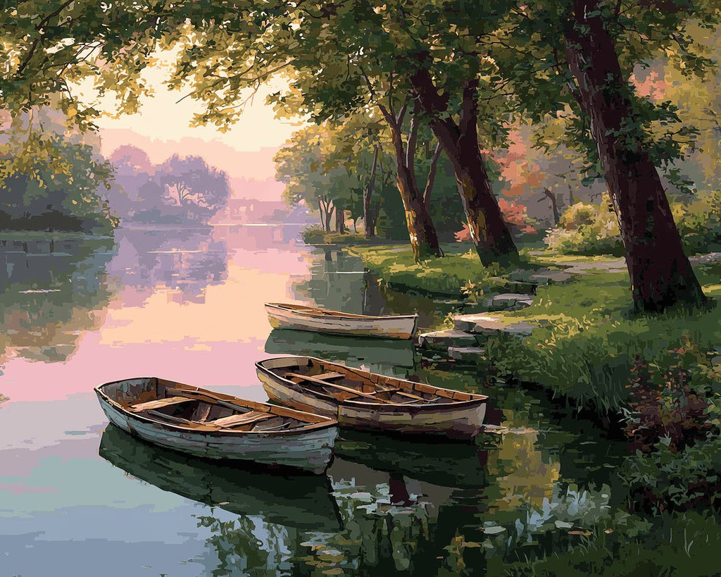 Bateaux en Bois sur la Rivière sous les Arbres Peinture par Numéros