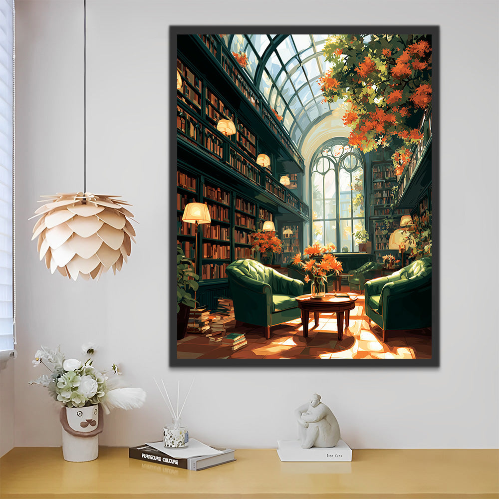 Bibliothèque Verte Remplie de Livres Peinture par Numéros