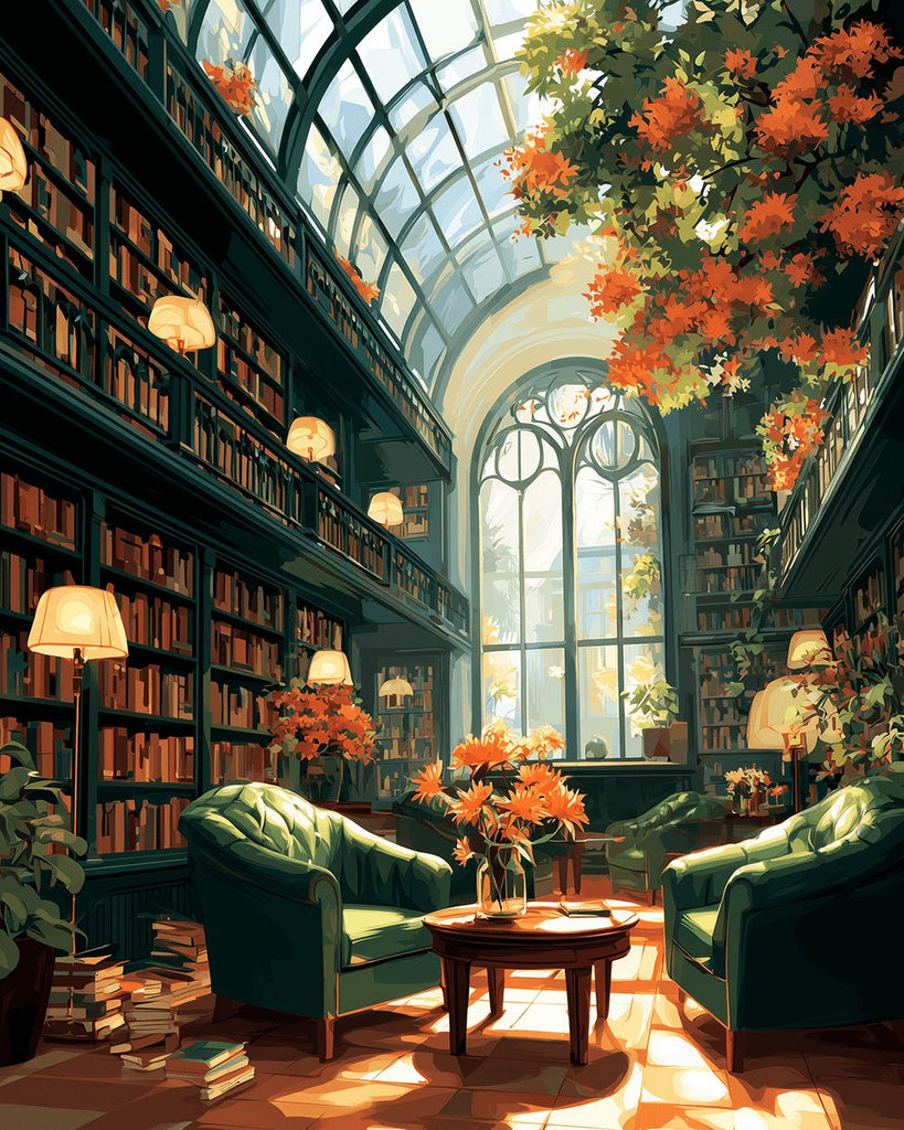 Bibliothèque Verte Remplie de Livres Peinture par Numéros