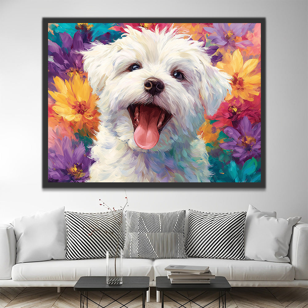 Bichon Frisé Blanc parmi des Chrysanthèmes Colorés Peinture par Numéros