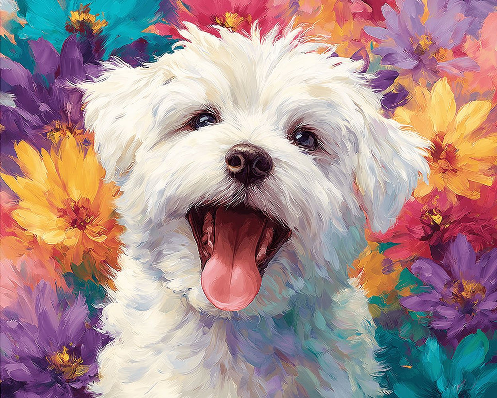 Bichon Frisé Blanc parmi des Chrysanthèmes Colorés Peinture par Numéros