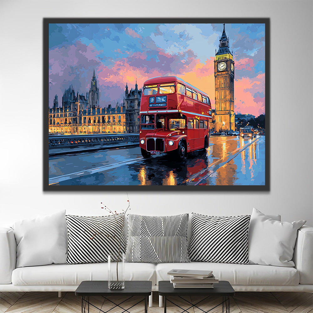 Big Ben et Bus Rouge à Deux Étages la Nuit Peinture par Numéros