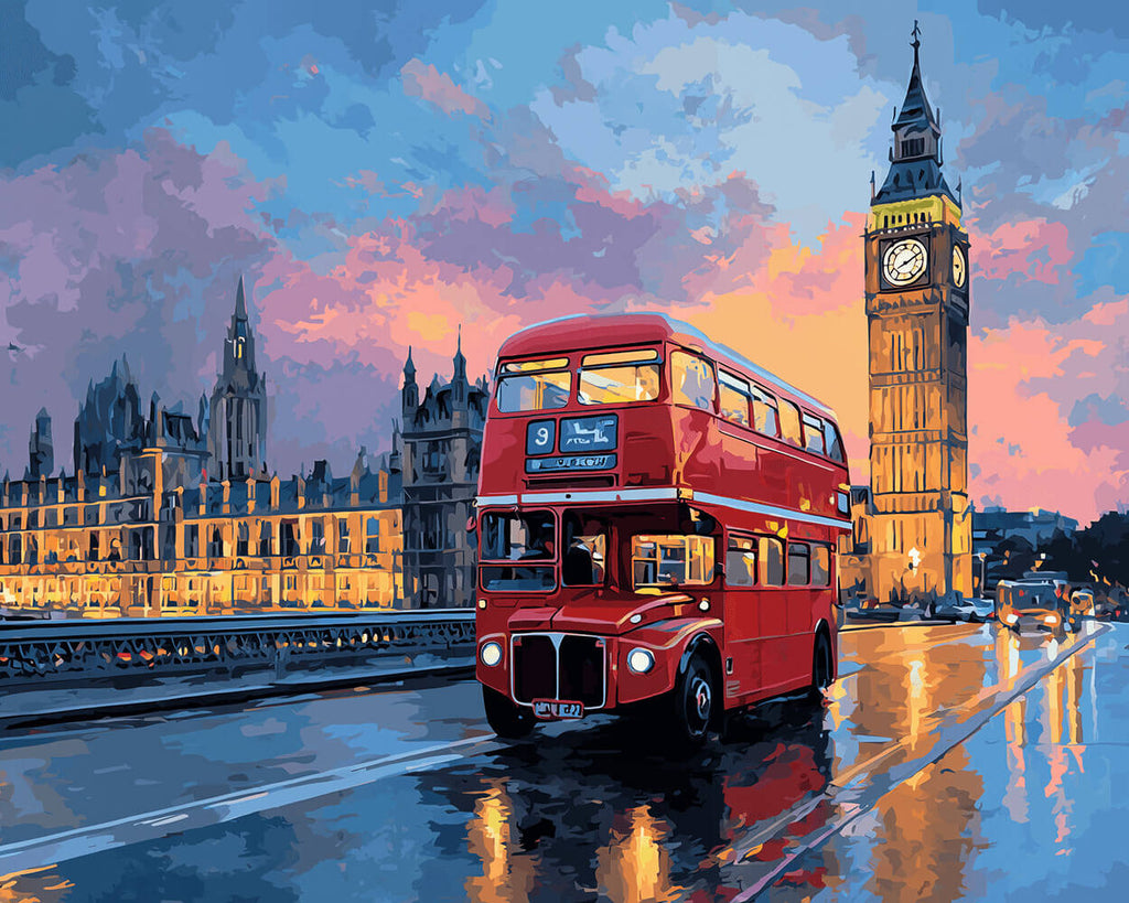 Big Ben et Bus Rouge à Deux Étages la Nuit Peinture par Numéros