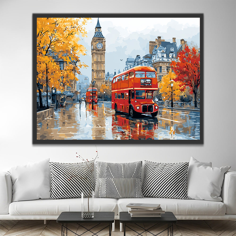 Big Ben et Bus Rouge à Deux Étages sous la Pluie Peinture par Numéros
