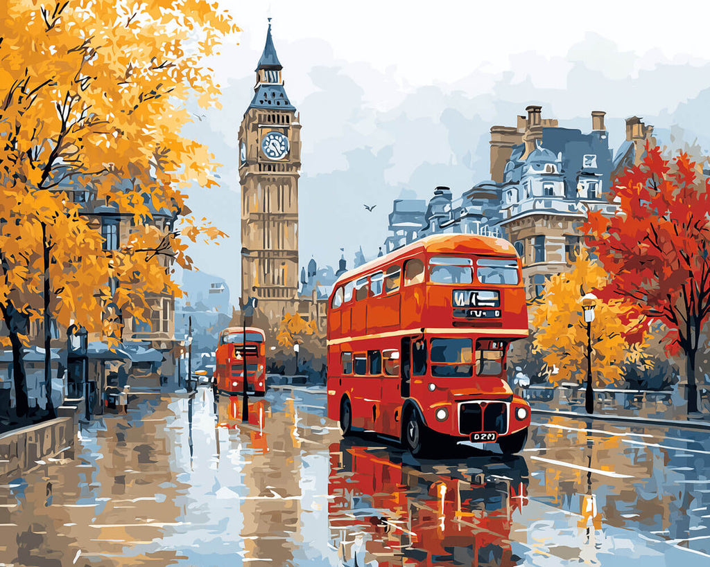 Big Ben et Bus Rouge à Deux Étages sous la Pluie Peinture par Numéros