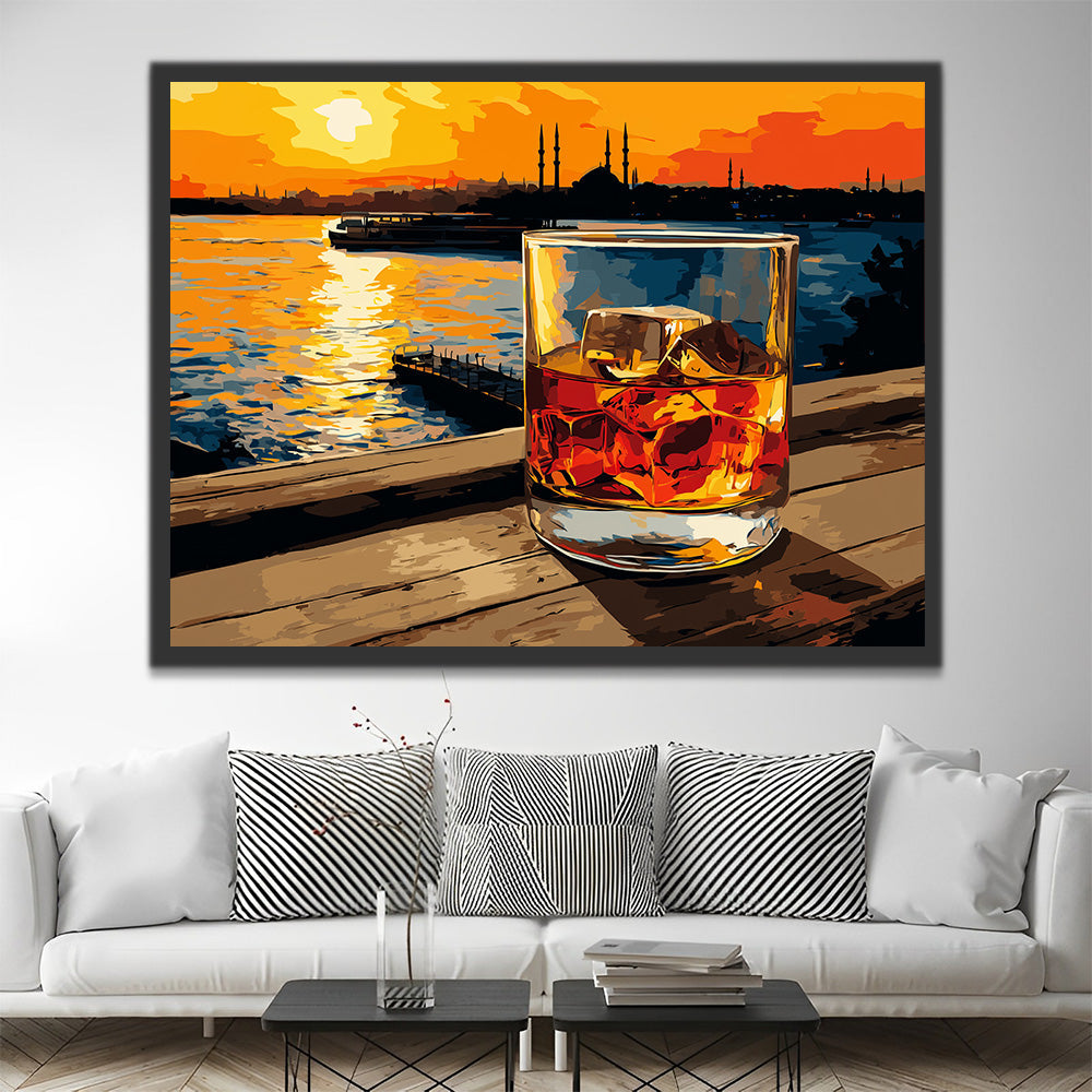 Boissons Glacées au Bord de la Mer au Coucher du Soleil Peinture par Numéros