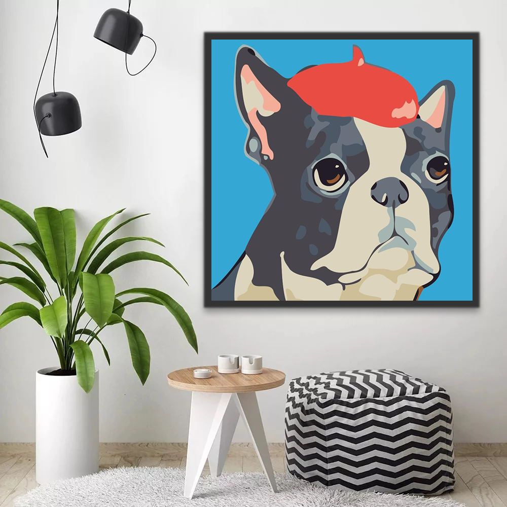 Bouledogue avec un Bonnet Rouge Cartoon Peinture par Numéros