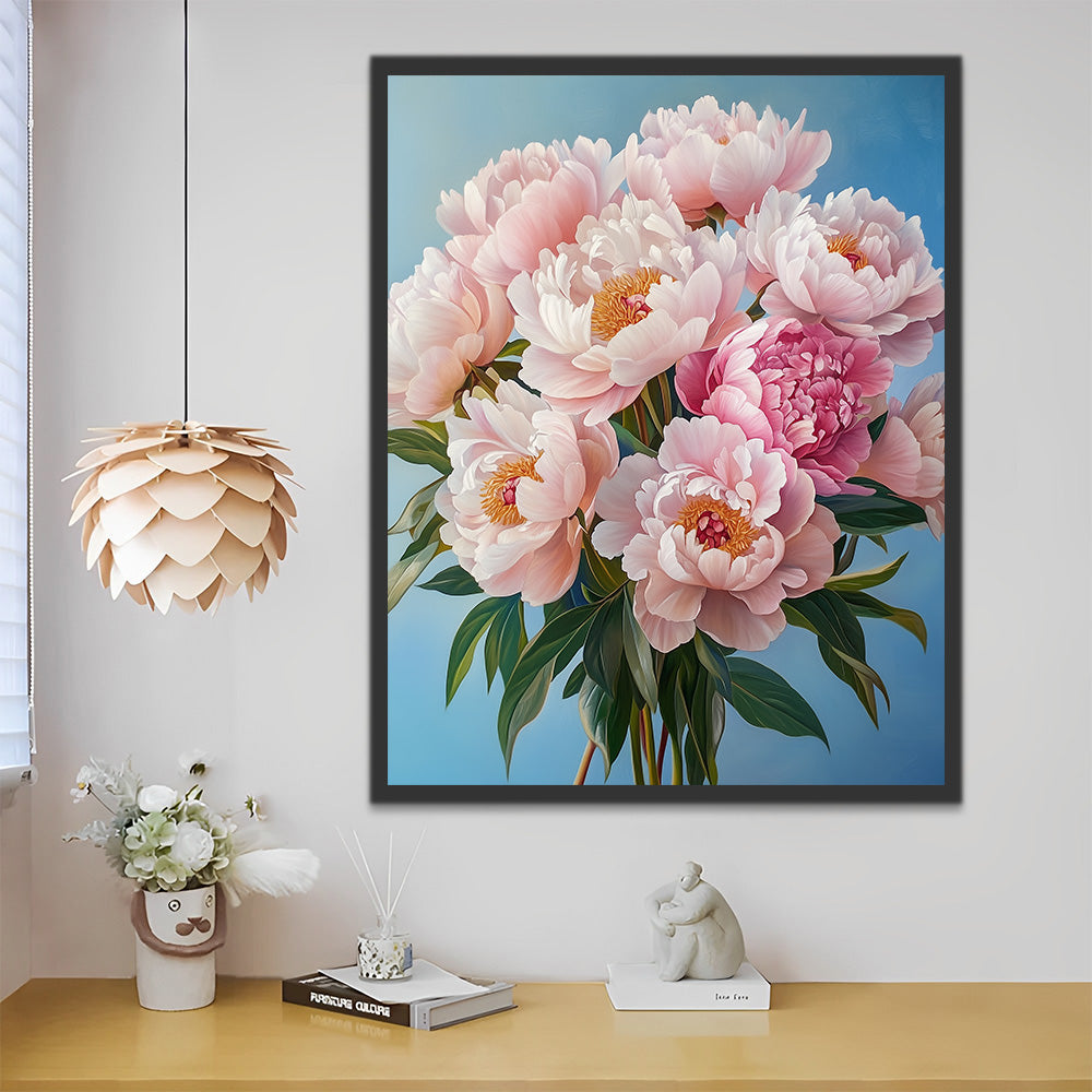 Bouquet de Pivoines Roses avec Feuilles Vertes Peinture par Numéros