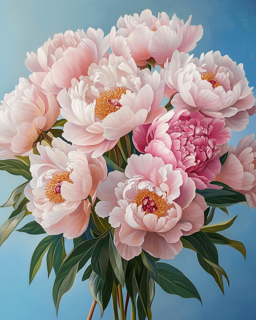 Bouquet de Pivoines Roses avec Feuilles Vertes Peinture par Numéros
