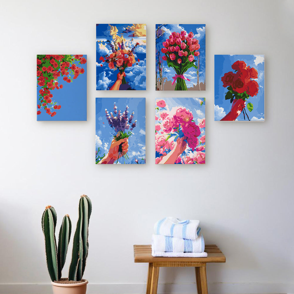Bouquets de Fleurs sous Ciel Bleu 6 Mini Peintures par Numéros