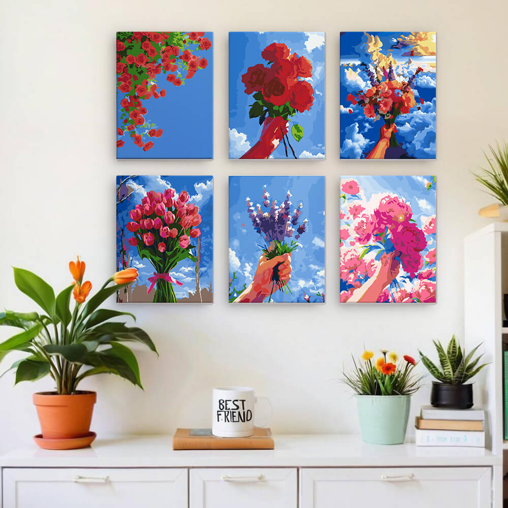 Bouquets de Fleurs sous Ciel Bleu 6 Mini Peintures par Numéros
