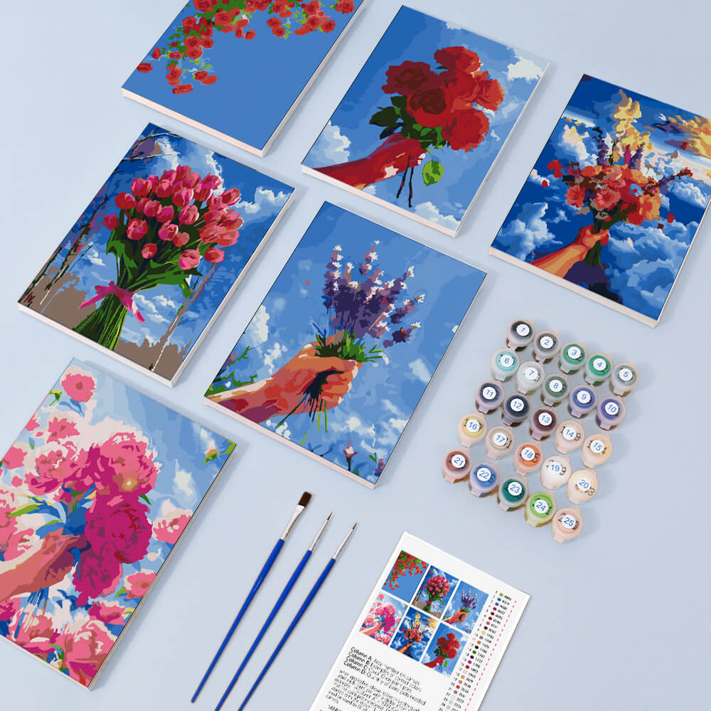Bouquets de Fleurs sous Ciel Bleu 6 Mini Peintures par Numéros